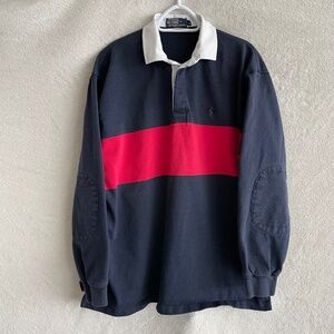 VINTAGE Polo Ralph Lauren Sport Rugby Shirt Striped w/Elbow Patches.